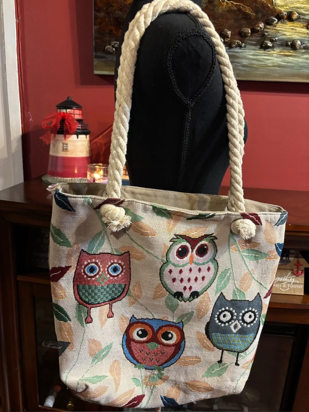 Canvas Owl Tote Bag in Multi-Color